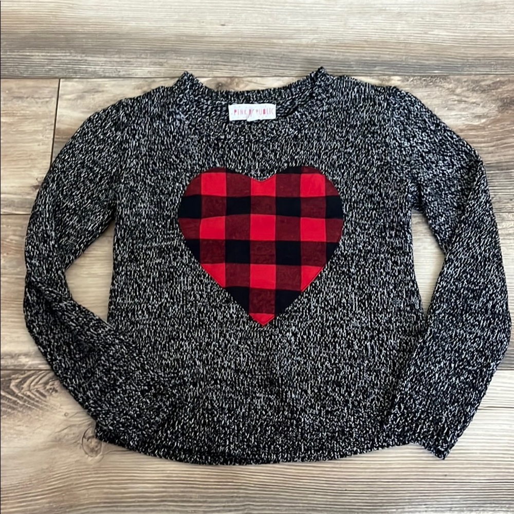 Pink Republic Plaid Heart Gray White Knit Girls Sweater Size 10